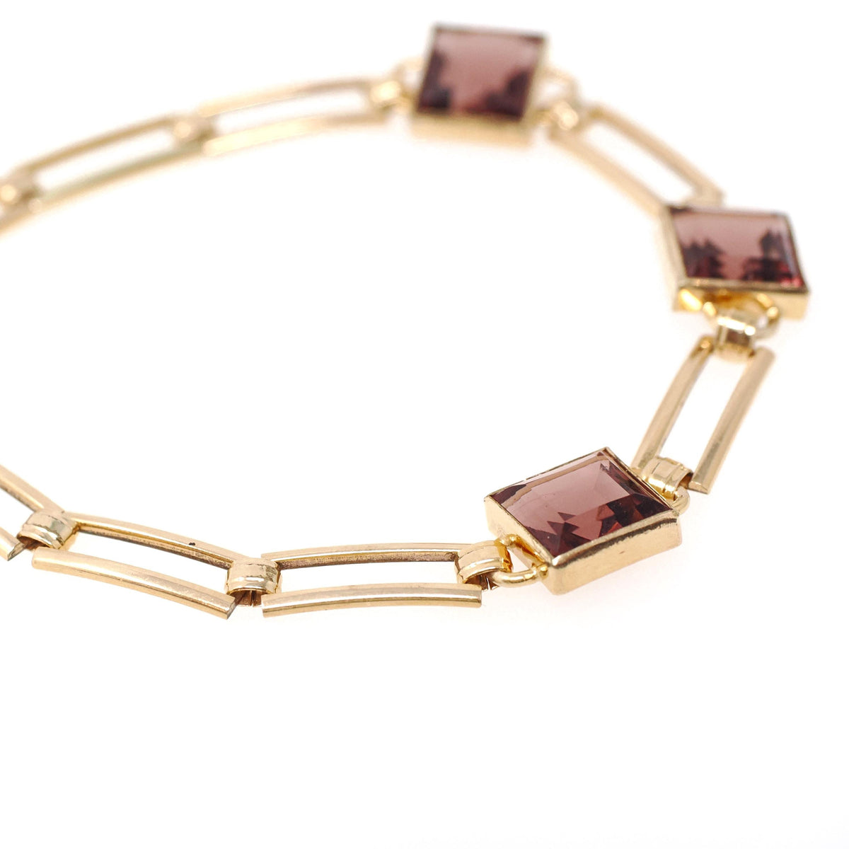 Vintage Glass Bracelet - Retro Gold Filled Square Cut Faceted Purple Glass Stones - Circa 1940s Era Gate Link Fold Over Clasp Jewelry