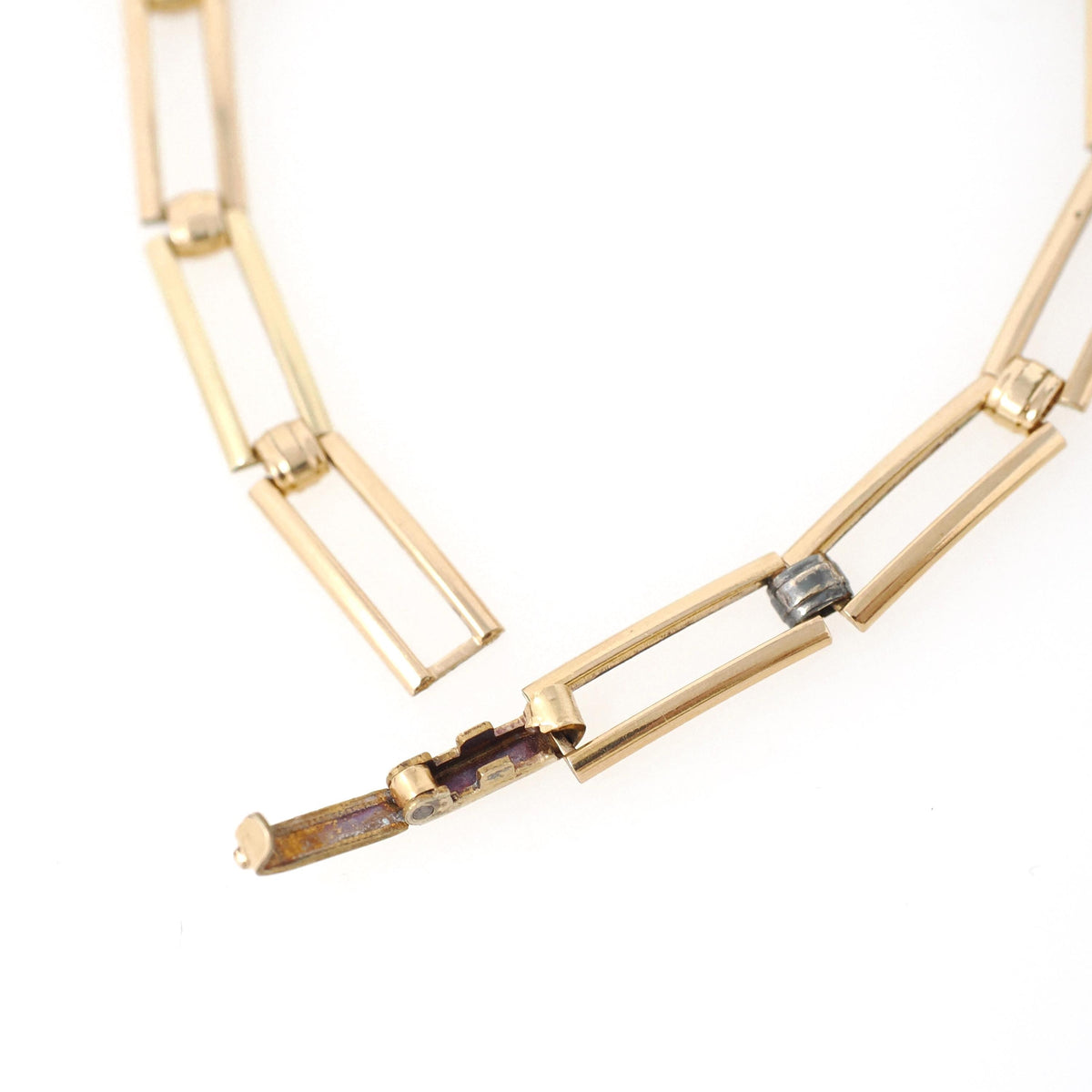 Vintage Glass Bracelet - Retro Gold Filled Square Cut Faceted Purple Glass Stones - Circa 1940s Era Gate Link Fold Over Clasp Jewelry