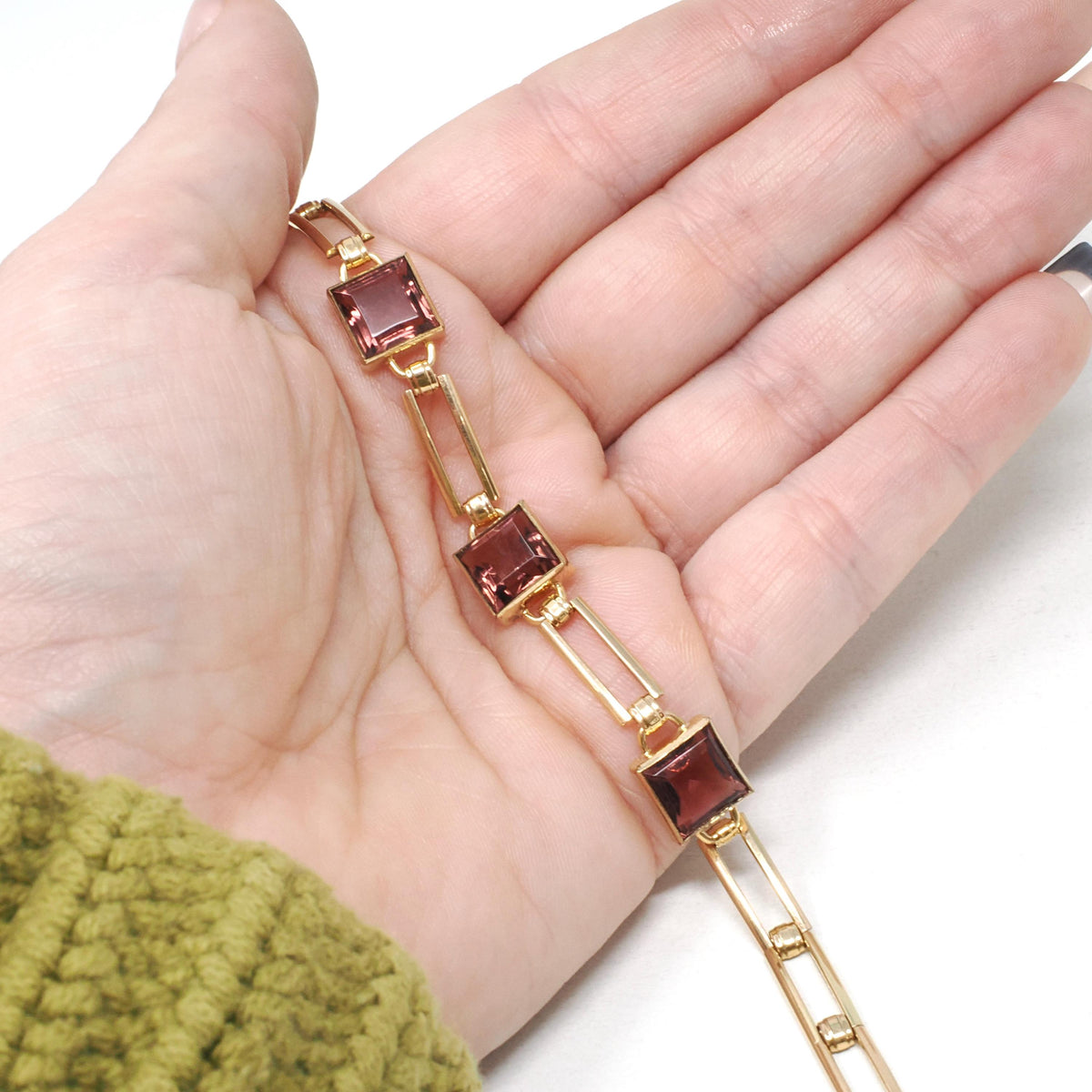 Vintage Glass Bracelet - Retro Gold Filled Square Cut Faceted Purple Glass Stones - Circa 1940s Era Gate Link Fold Over Clasp Jewelry