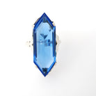 Simulated Sapphire Ring - Mid Century Sterling Silver Fancy Cut Faceted Blue Glass Shield - Vintage Circa 1960s Size 7 Adjustable Jewelry