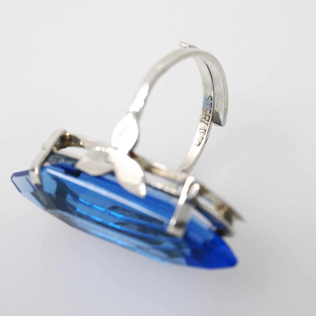 Simulated Sapphire Ring - Mid Century Sterling Silver Fancy Cut Faceted Blue Glass Shield - Vintage Circa 1960s Size 7 Adjustable Jewelry