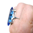 Simulated Sapphire Ring - Mid Century Sterling Silver Fancy Cut Faceted Blue Glass Shield - Vintage Circa 1960s Size 7 Adjustable Jewelry