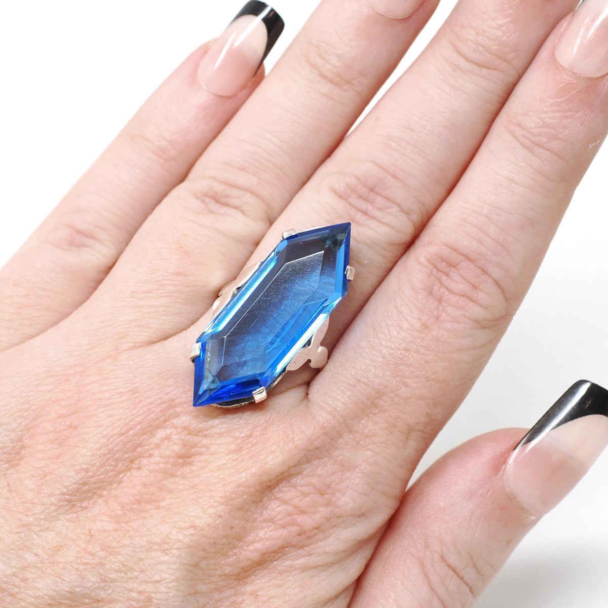 Simulated Sapphire Ring - Mid Century Sterling Silver Fancy Cut Faceted Blue Glass Shield - Vintage Circa 1960s Size 7 Adjustable Jewelry
