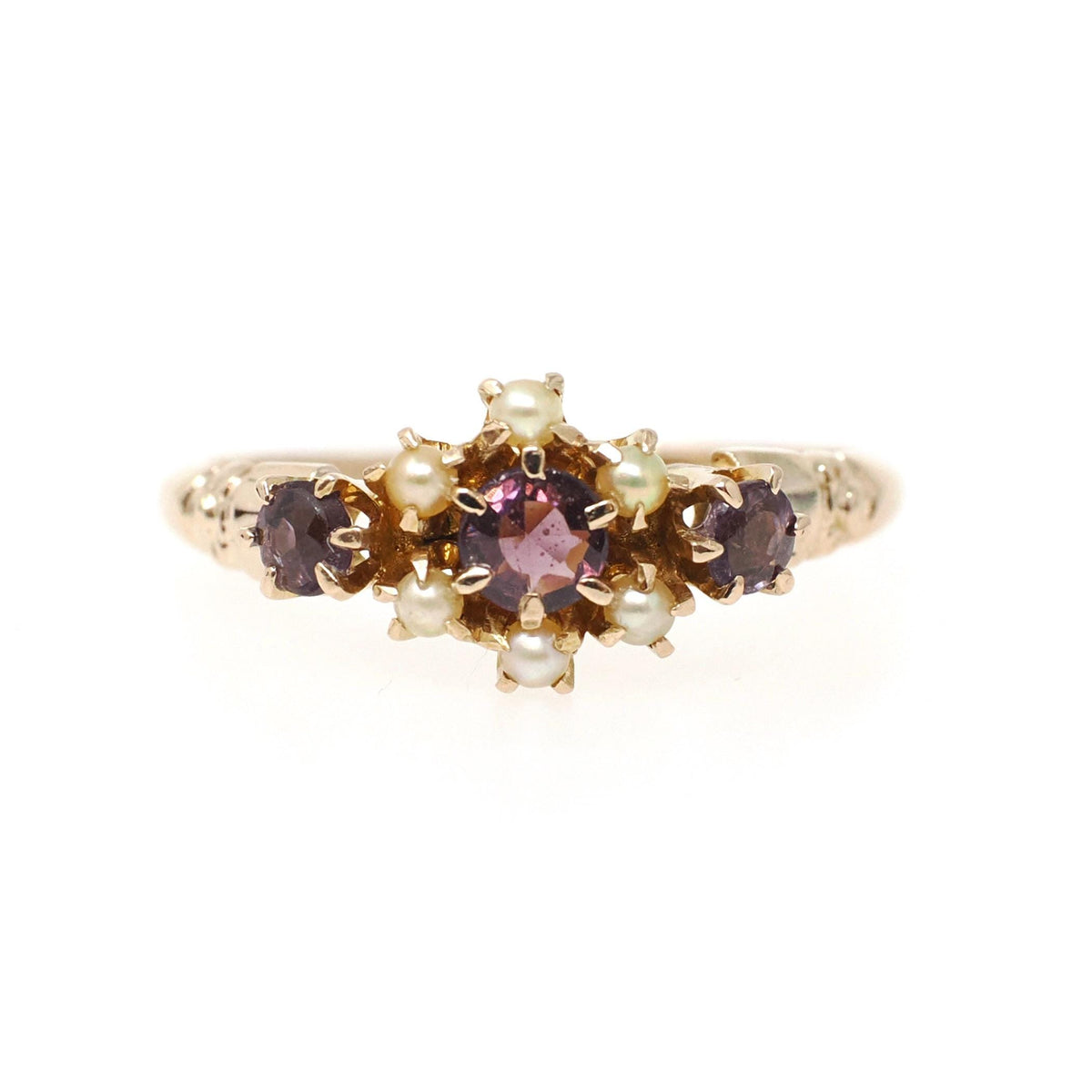 Simulated Amethyst Ring - Edwardian 10k Yellow Gold Seed Pearls Glass Garnet Doublet Stones - Antique Circa 1900s Size 5 3/4 Fine Jewelry