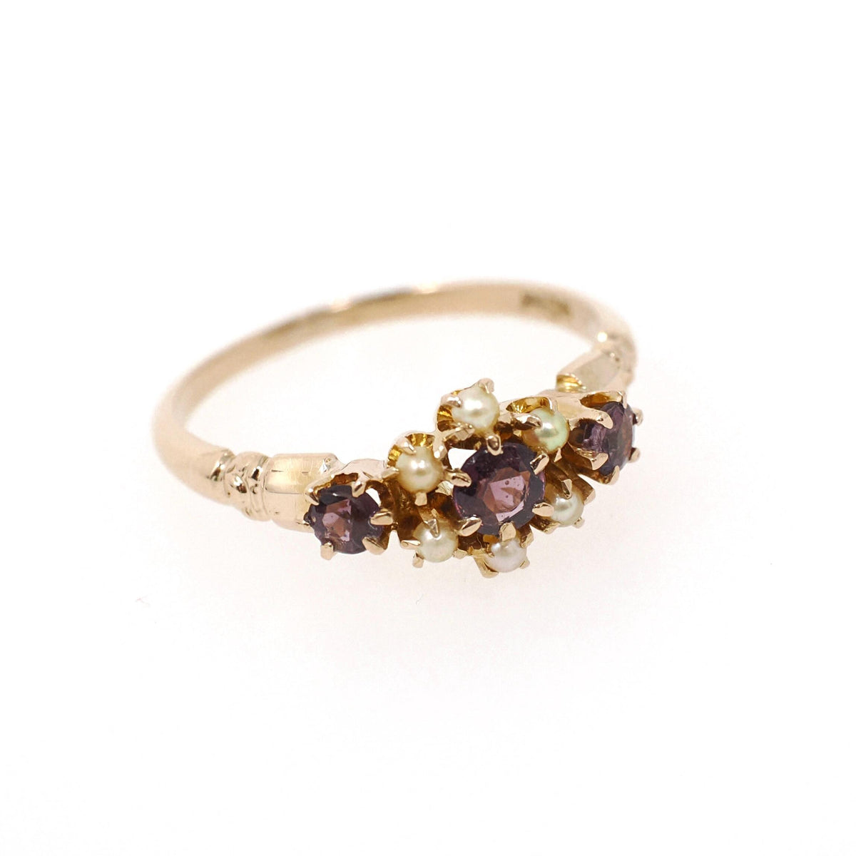 Simulated Amethyst Ring - Edwardian 10k Yellow Gold Seed Pearls Glass Garnet Doublet Stones - Antique Circa 1900s Size 5 3/4 Fine Jewelry