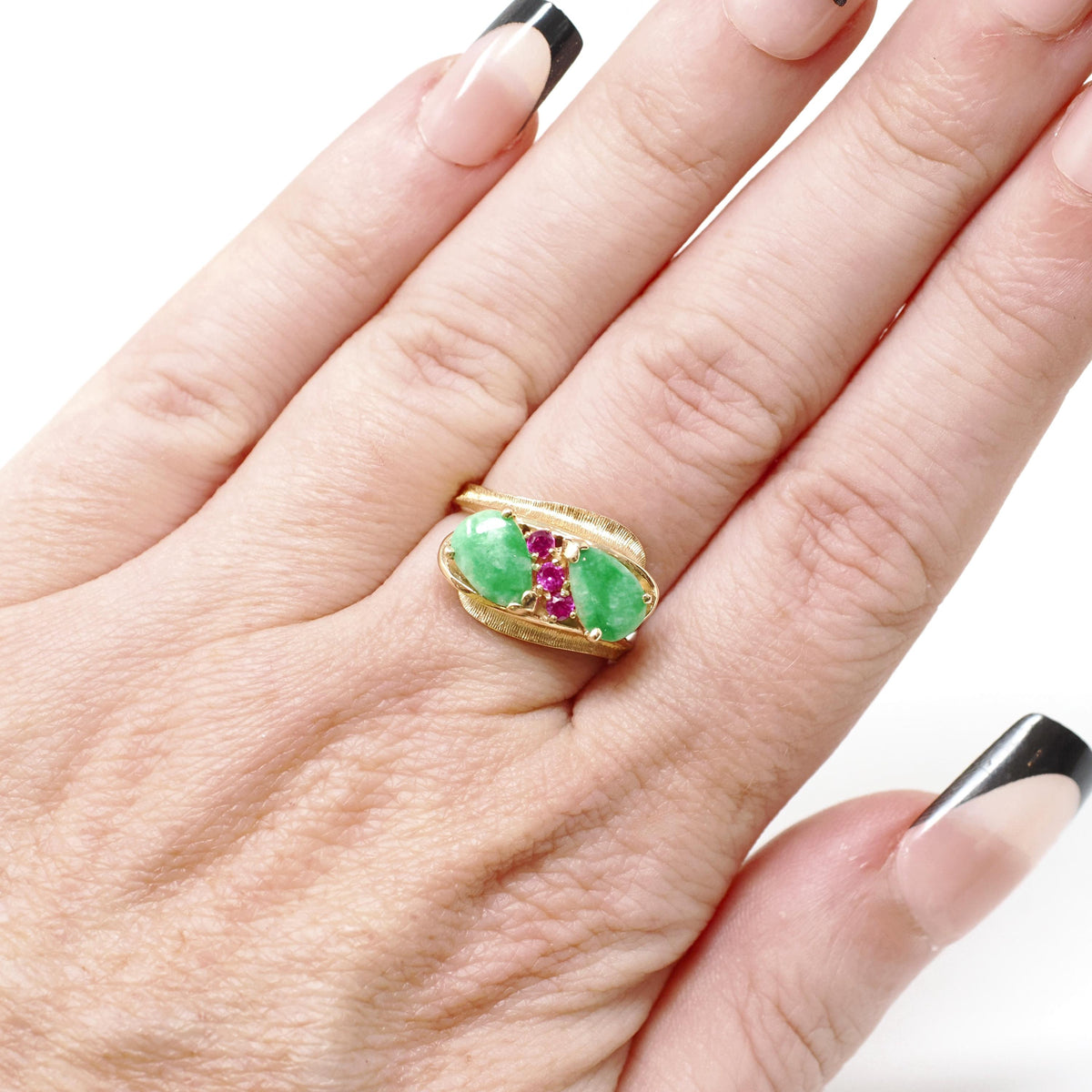 Jadeite & Ruby Ring - Modernist 14k Yellow Gold Natural Green Gemstone Created Ruby Bypass - Circa 1970s Era Size 5 1/4 Fine Jewelry