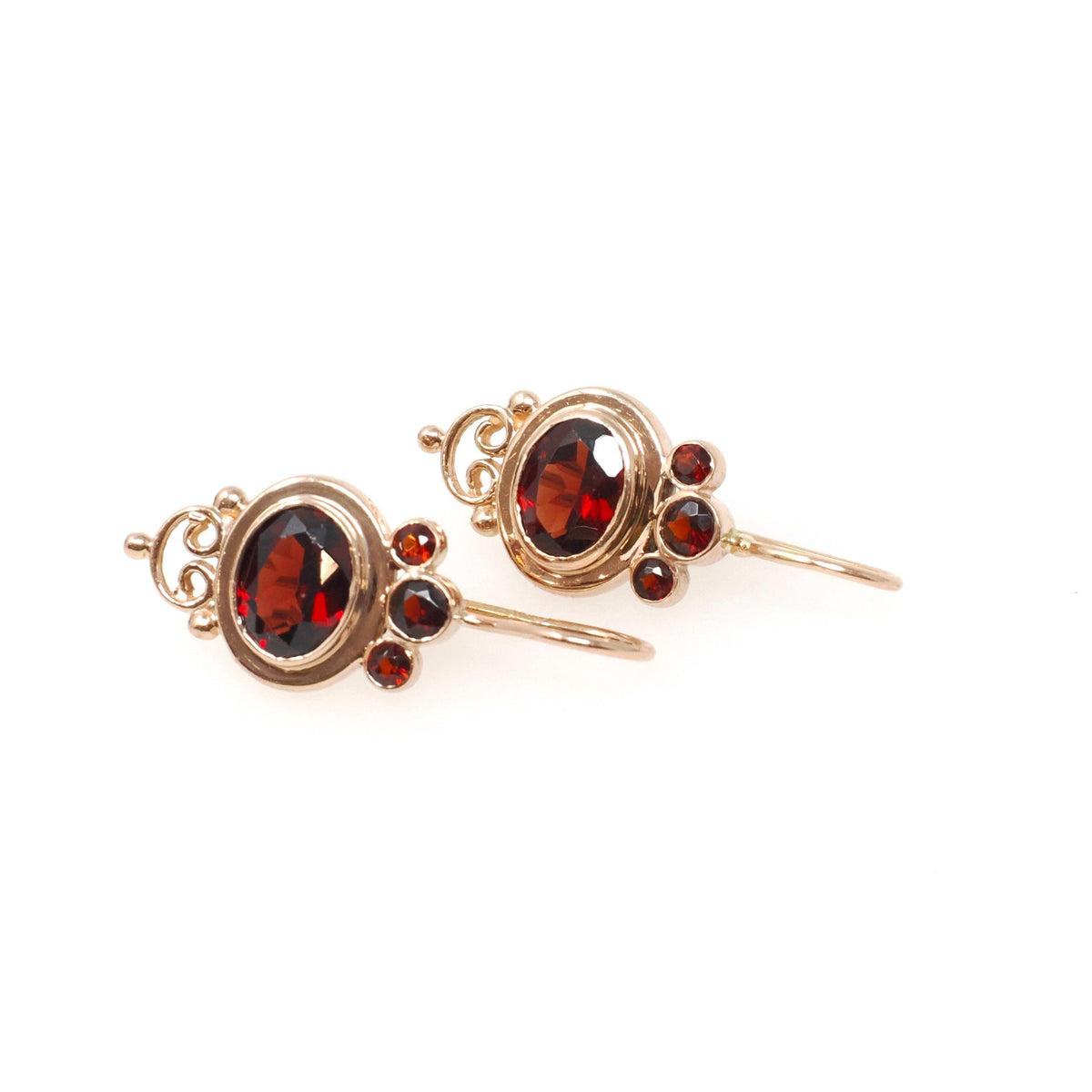 Natural Garnet Earrings - Contemporary 14k Yellow Gold Oval Round Faceted Red Gemstones - Circa 2000s Era January Birthstone Fine Jewelry