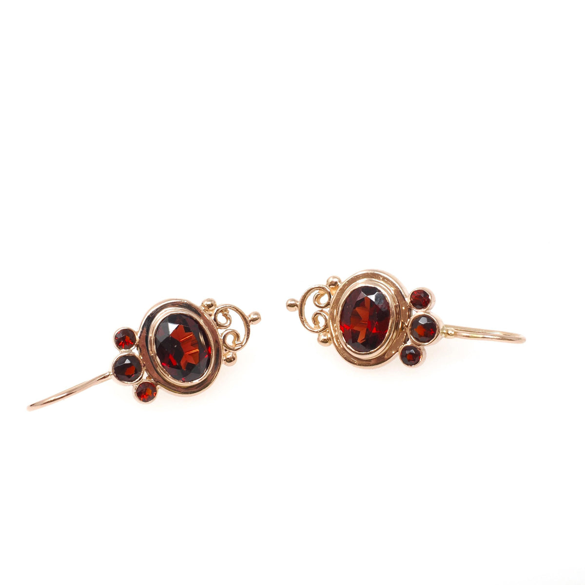 Natural Garnet Earrings - Contemporary 14k Yellow Gold Oval Round Faceted Red Gemstones - Circa 2000s Era January Birthstone Fine Jewelry