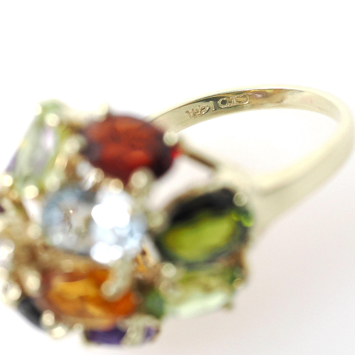 Multi-Gemstone Ring - Contemporary 14k Yellow Gold Natural Peridot Amethyst Citrine - Circa 2000's Size 6 Garnet Diamond Dome Jewelry