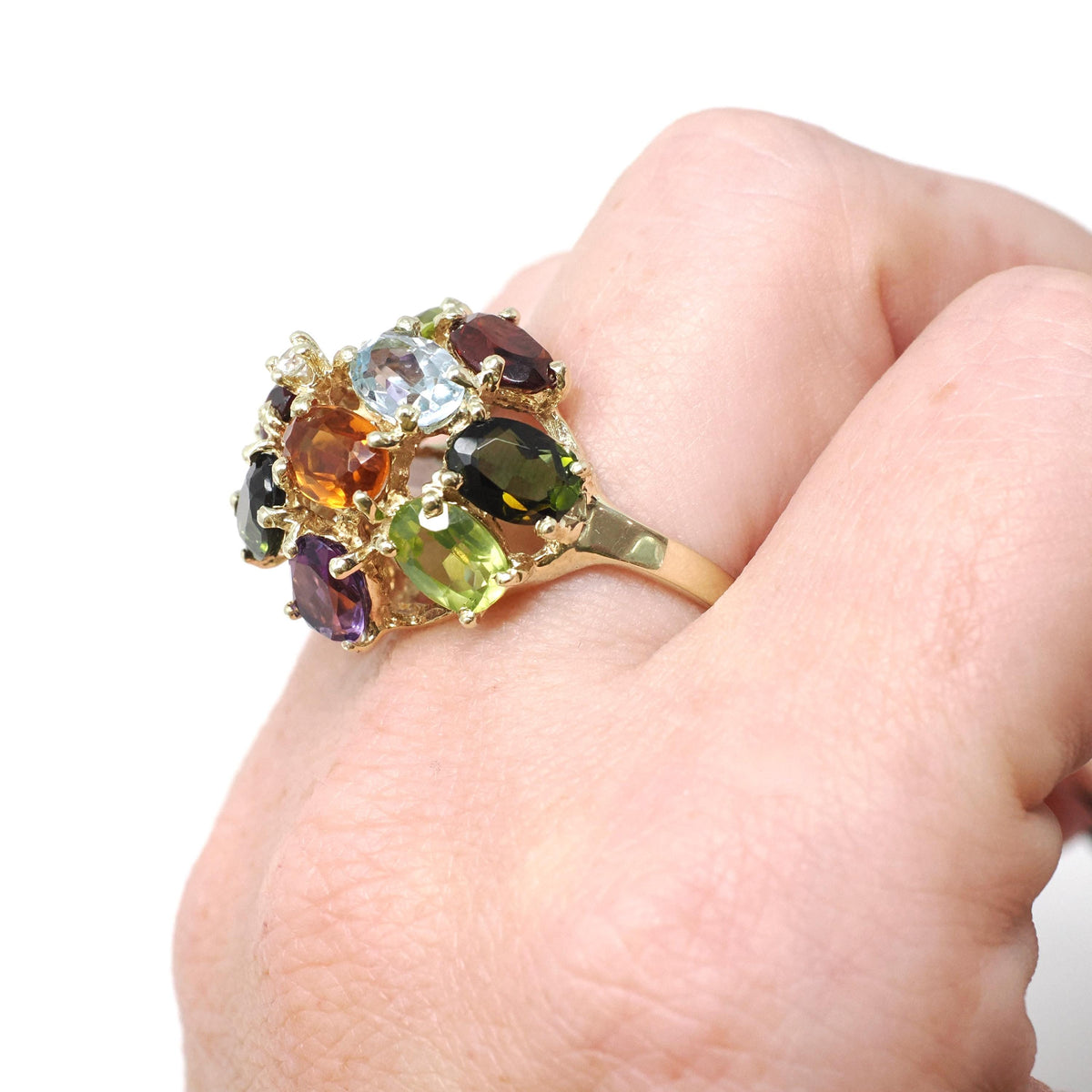 Multi-Gemstone Ring - Contemporary 14k Yellow Gold Natural Peridot Amethyst Citrine - Circa 2000's Size 6 Garnet Diamond Dome Jewelry