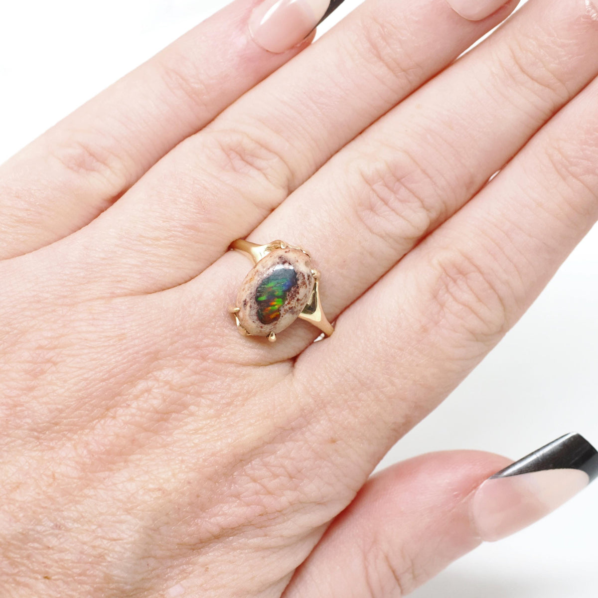 Boulder Opal Ring - Modernist 14k Yellow Gold Natural Play Of Color Gemstone - Circa 1970s Era Size 6 October Birthstone Fine Jewelry