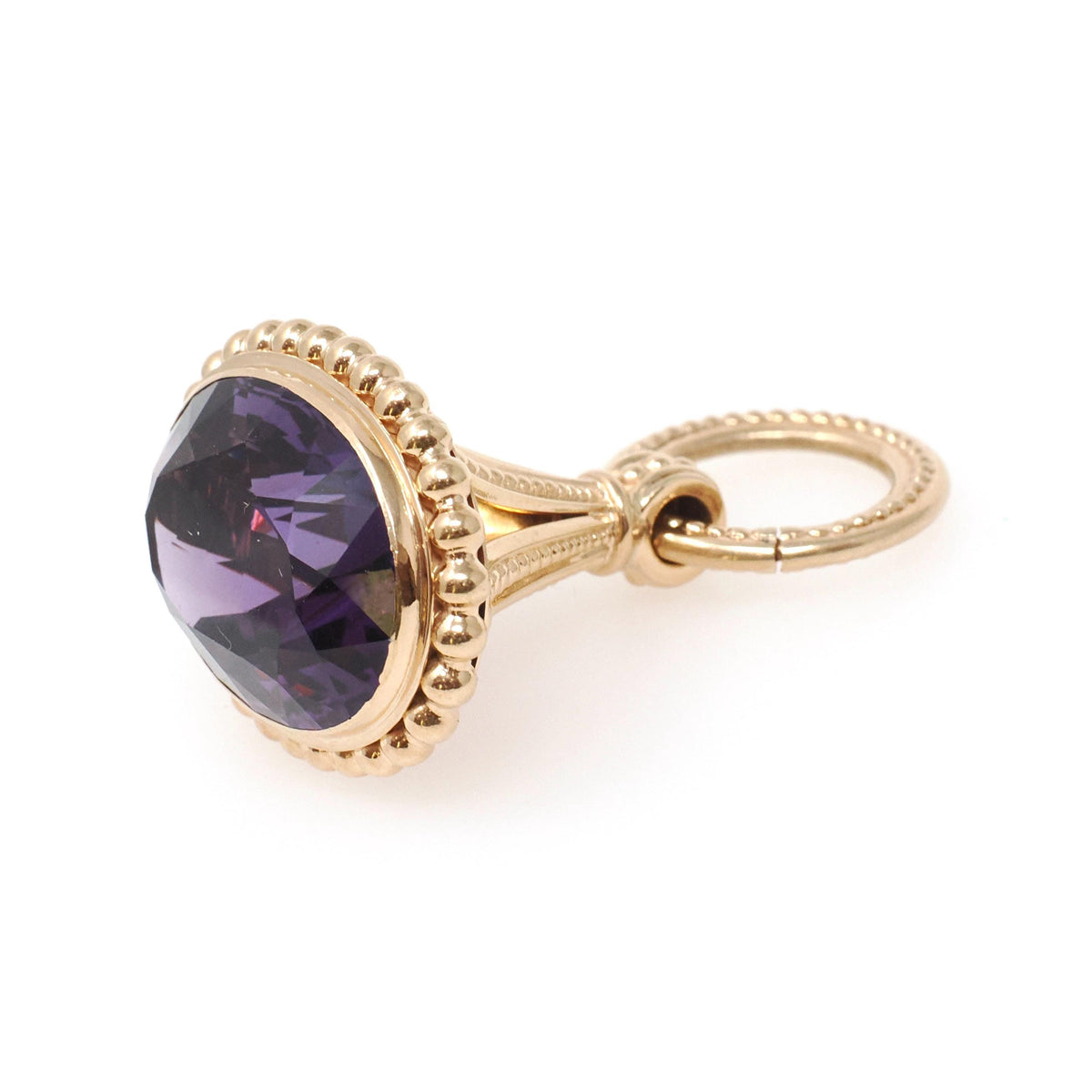 Antique Fob Pendant - Edwardian 14k Yellow Gold Natural Oval Faceted Amethyst Gem Pendant - Circa 1910s Era Fine February Birthstone Jewelry