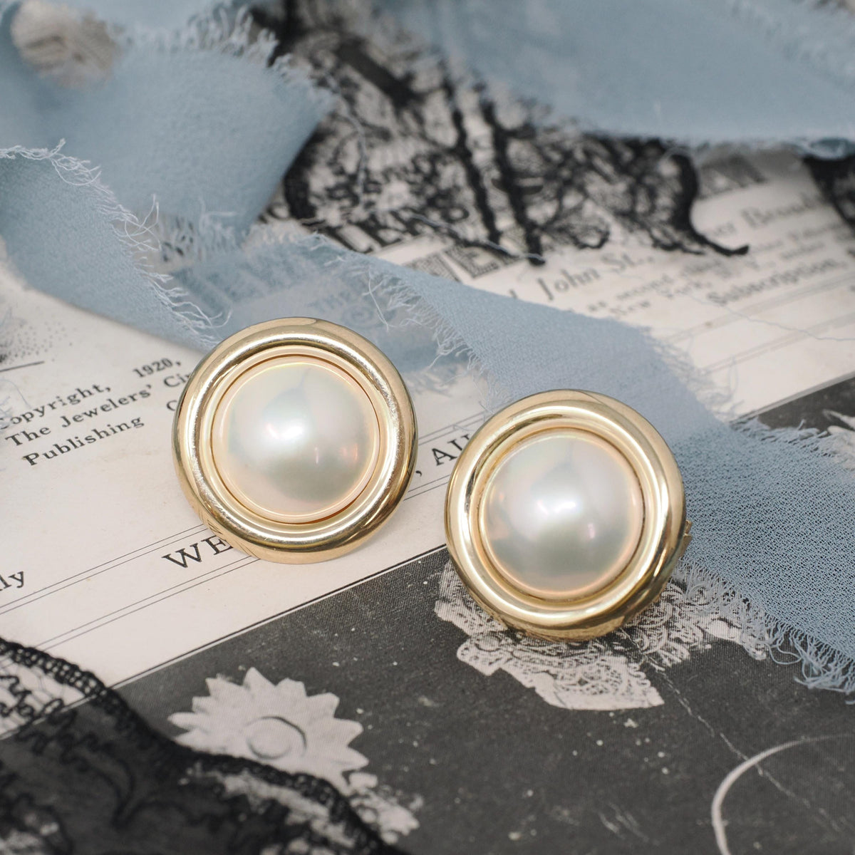 Mabe Pearl Earrings - Contemporary 14k Yellow Gold Round Bezel Omega Back Statement Studs - Circa 1990s Era June Birthstone Fine Jewelry
