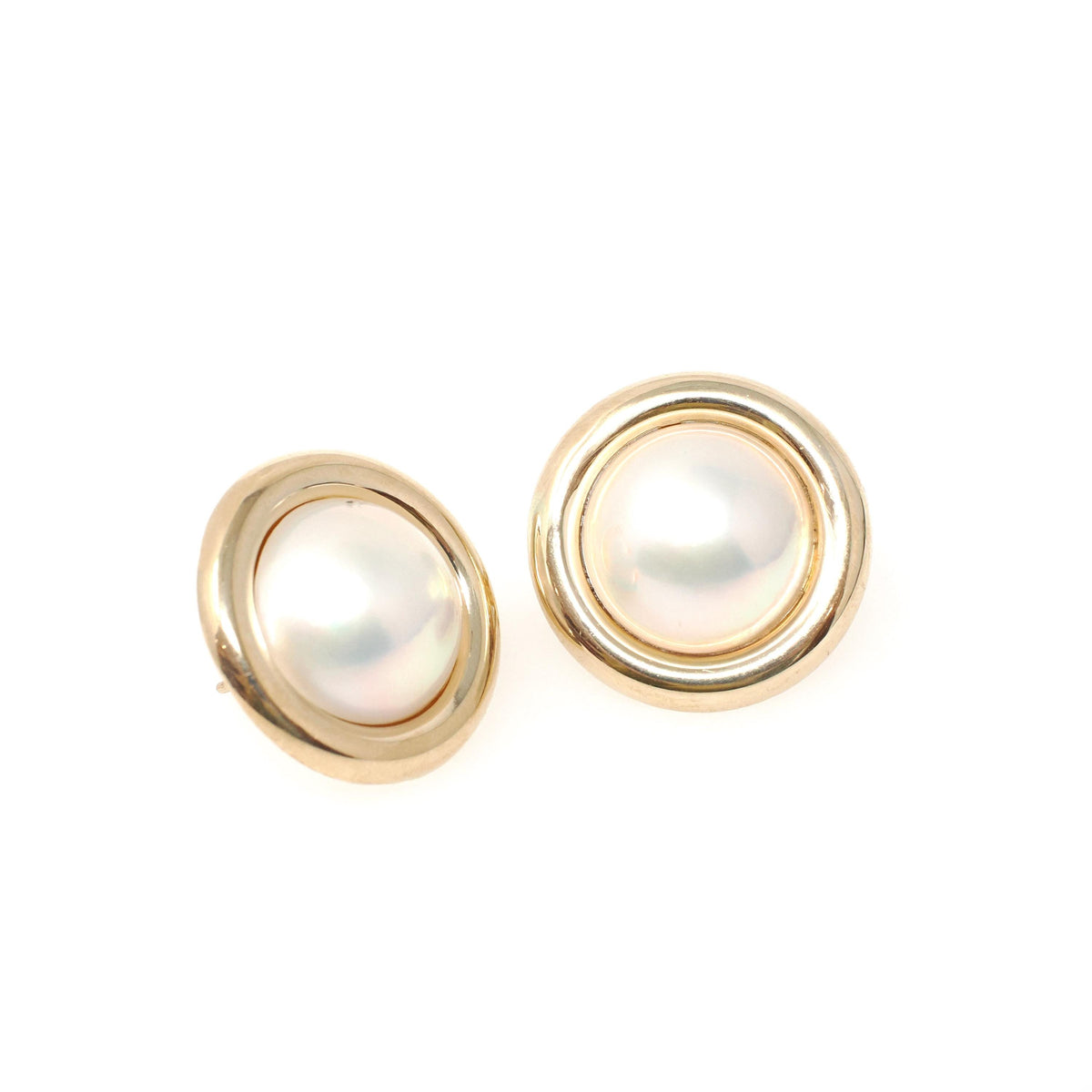 Mabe Pearl Earrings - Contemporary 14k Yellow Gold Round Bezel Omega Back Statement Studs - Circa 1990s Era June Birthstone Fine Jewelry