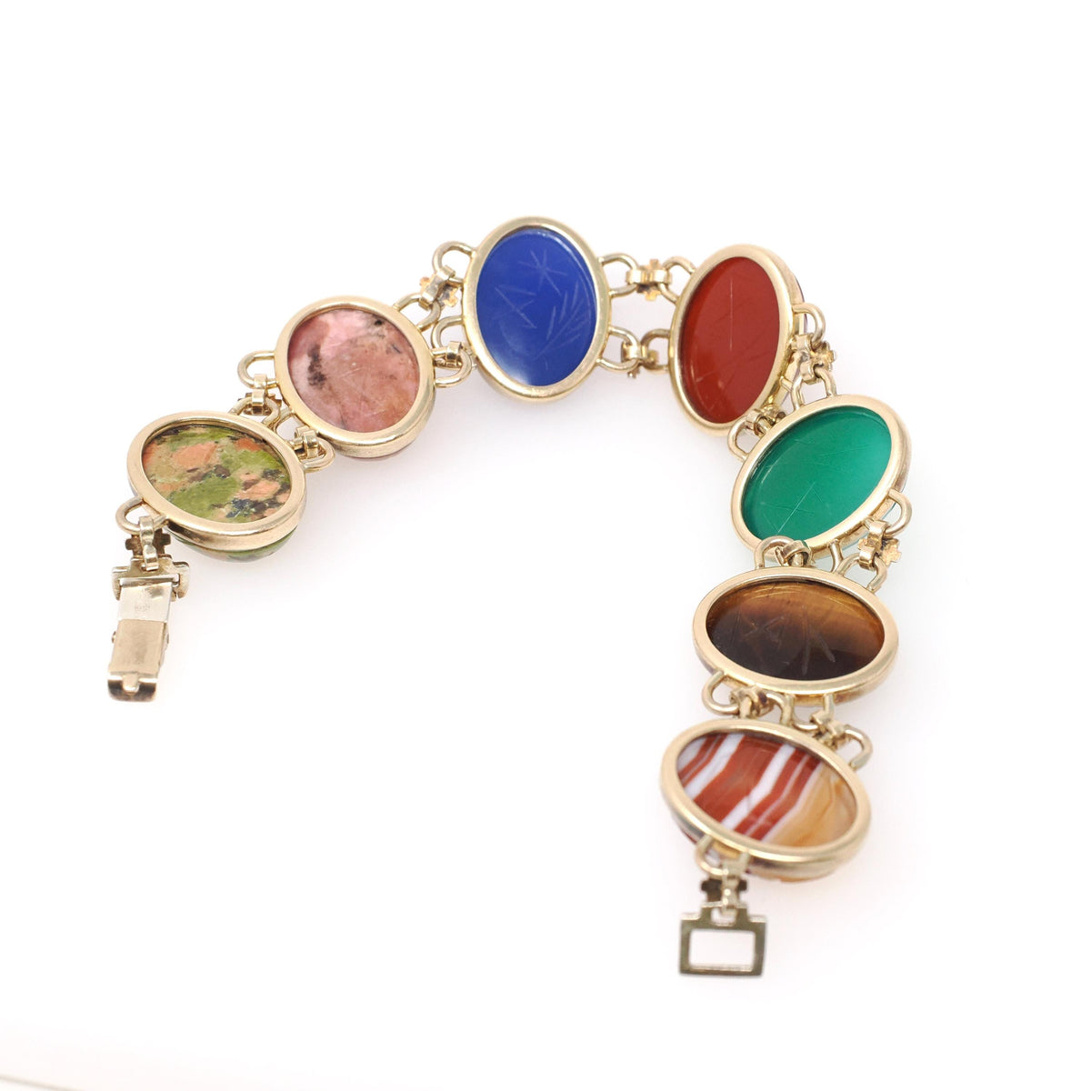 Vintage Scarab Bracelet - 14k Gold Filled Carved Natural Banded Agate Rhodonite Unakite Gems - Circa 1960s Era Egyptian Revival Jewelry