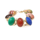Vintage Scarab Bracelet - 14k Gold Filled Carved Natural Banded Agate Rhodonite Unakite Gems - Circa 1960s Era Egyptian Revival Jewelry