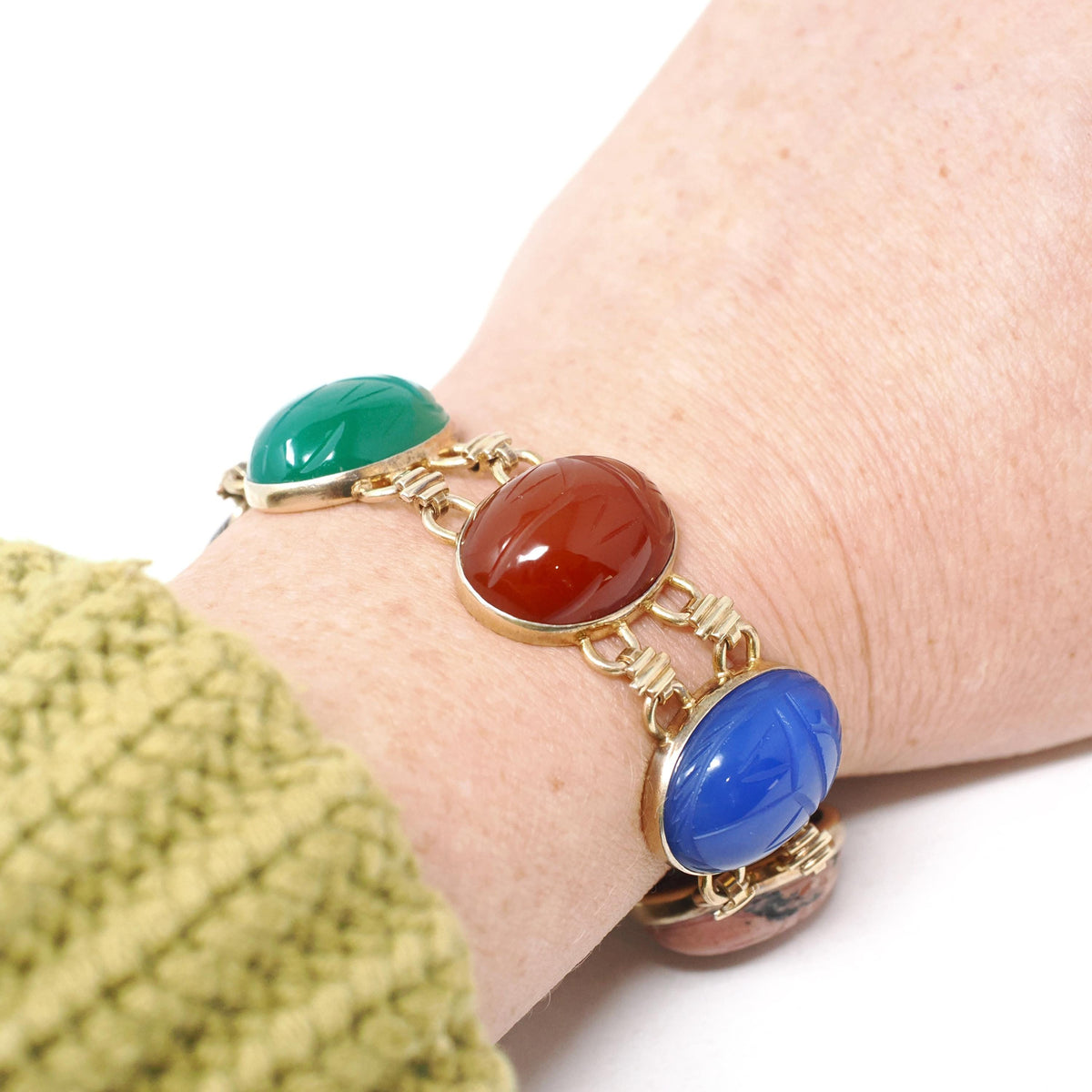 Vintage Scarab Bracelet - 14k Gold Filled Carved Natural Banded Agate Rhodonite Unakite Gems - Circa 1960s Era Egyptian Revival Jewelry