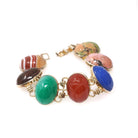 Vintage Scarab Bracelet - 14k Gold Filled Carved Natural Banded Agate Rhodonite Unakite Gems - Circa 1960s Era Egyptian Revival Jewelry