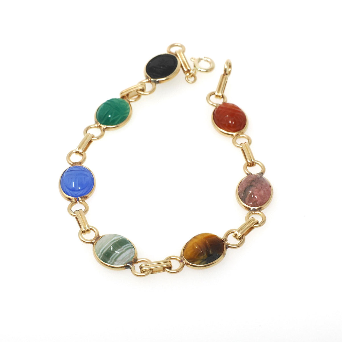 Vintage Scarab Bracelet - Modernist 14k & 10k Yellow Gold Oval Carved Natural Gemstones - Circa 1960s Egyptian Revival Style Fine Jewelry