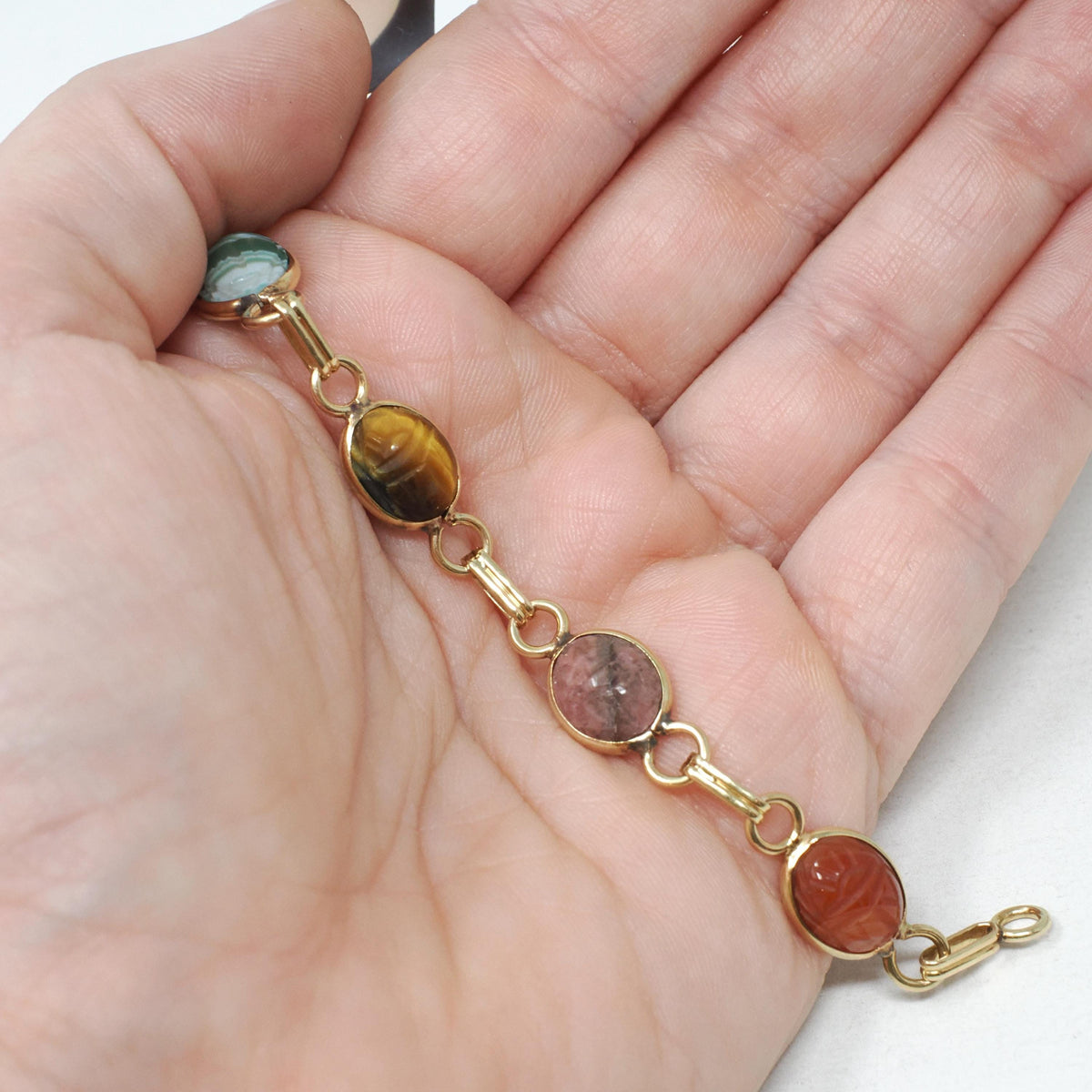 Vintage Scarab Bracelet - Modernist 14k & 10k Yellow Gold Oval Carved Natural Gemstones - Circa 1960s Egyptian Revival Style Fine Jewelry