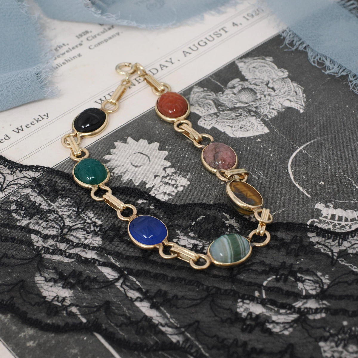 Vintage Scarab Bracelet - Modernist 14k & 10k Yellow Gold Oval Carved Natural Gemstones - Circa 1960s Egyptian Revival Style Fine Jewelry