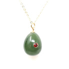 Nephrite Jade Pendant - Modernist 14k Yellow Gold Natural Green Teardrop Gemstone Inset Garnet Charm Necklace - Vintage Circa 1960s Jewelry