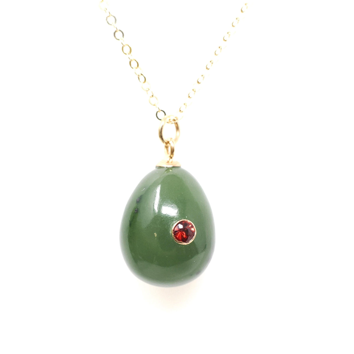 Nephrite Jade Pendant - Modernist 14k Yellow Gold Natural Green Teardrop Gemstone Inset Garnet Charm Necklace - Vintage Circa 1960s Jewelry