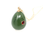 Nephrite Jade Pendant - Modernist 14k Yellow Gold Natural Green Teardrop Gemstone Inset Garnet Charm Necklace - Vintage Circa 1960s Jewelry
