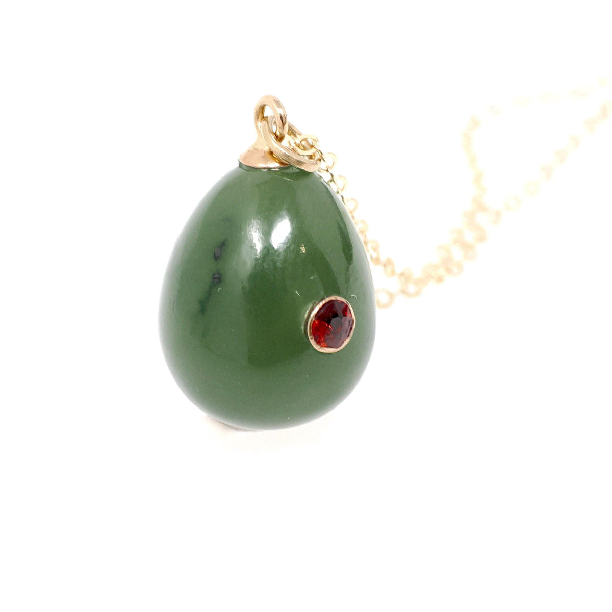 Nephrite Jade Pendant - Modernist 14k Yellow Gold Natural Green Teardrop Gemstone Inset Garnet Charm Necklace - Vintage Circa 1960s Jewelry