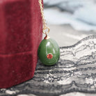 Nephrite Jade Pendant - Modernist 14k Yellow Gold Natural Green Teardrop Gemstone Inset Garnet Charm Necklace - Vintage Circa 1960s Jewelry