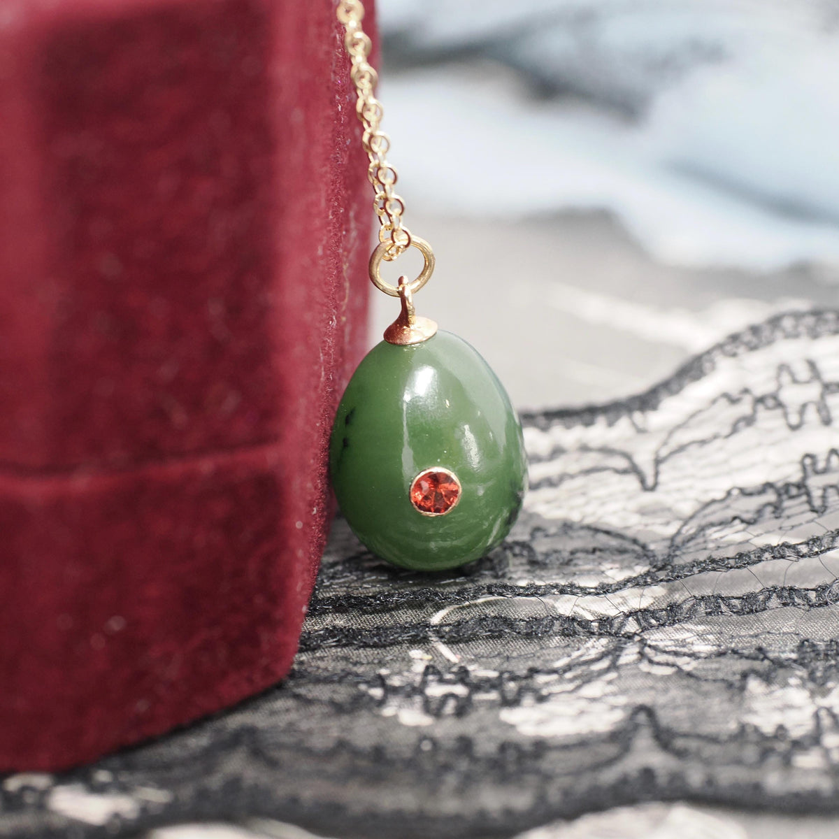 Nephrite Jade Pendant - Modernist 14k Yellow Gold Natural Green Teardrop Gemstone Inset Garnet Charm Necklace - Vintage Circa 1960s Jewelry