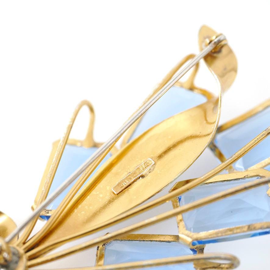 Vintage Bouquet Brooch - Retro Gold Wash On Sterling Silver Blue Glass Spray Pin - Circa 1940s Era Bow Leaf Motif Fashion Accessory Jewelry