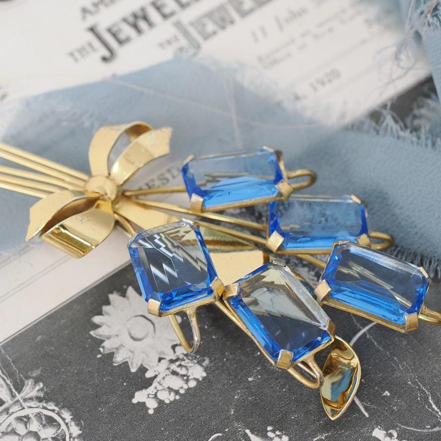 Vintage Bouquet Brooch - Retro Gold Wash On Sterling Silver Blue Glass Spray Pin - Circa 1940s Era Bow Leaf Motif Fashion Accessory Jewelry