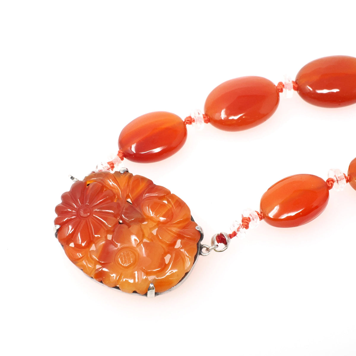 Art Deco Necklace - Vintage Sterling Silver Natural Carved Carnelian Gems Glass Bead Strand - Circa 1930s Era Fashion Accessory Jewelry