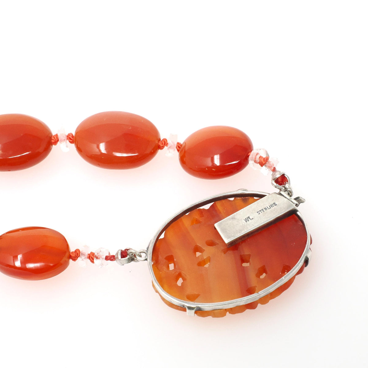 Art Deco Necklace - Vintage Sterling Silver Natural Carved Carnelian Gems Glass Bead Strand - Circa 1930s Era Fashion Accessory Jewelry