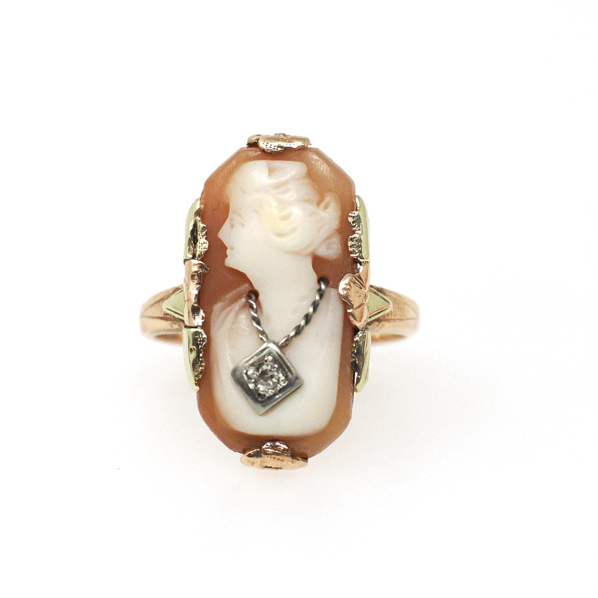Vintage Cameo Ring - Art Deco 10k Yellow & Rose Gold Carved Shell Woman's Profile - Circa 1940s Era Size 3 3/4 Diamond Habillé Fine Jewelry