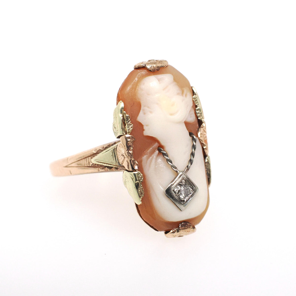 Vintage Cameo Ring - Art Deco 10k Yellow & Rose Gold Carved Shell Woman's Profile - Circa 1940s Era Size 3 3/4 Diamond Habillé Fine Jewelry