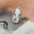 Vintage Cameo Ring - Art Deco 10k Yellow & Rose Gold Carved Shell Woman's Profile - Circa 1940s Era Size 3 3/4 Diamond Habillé Fine Jewelry