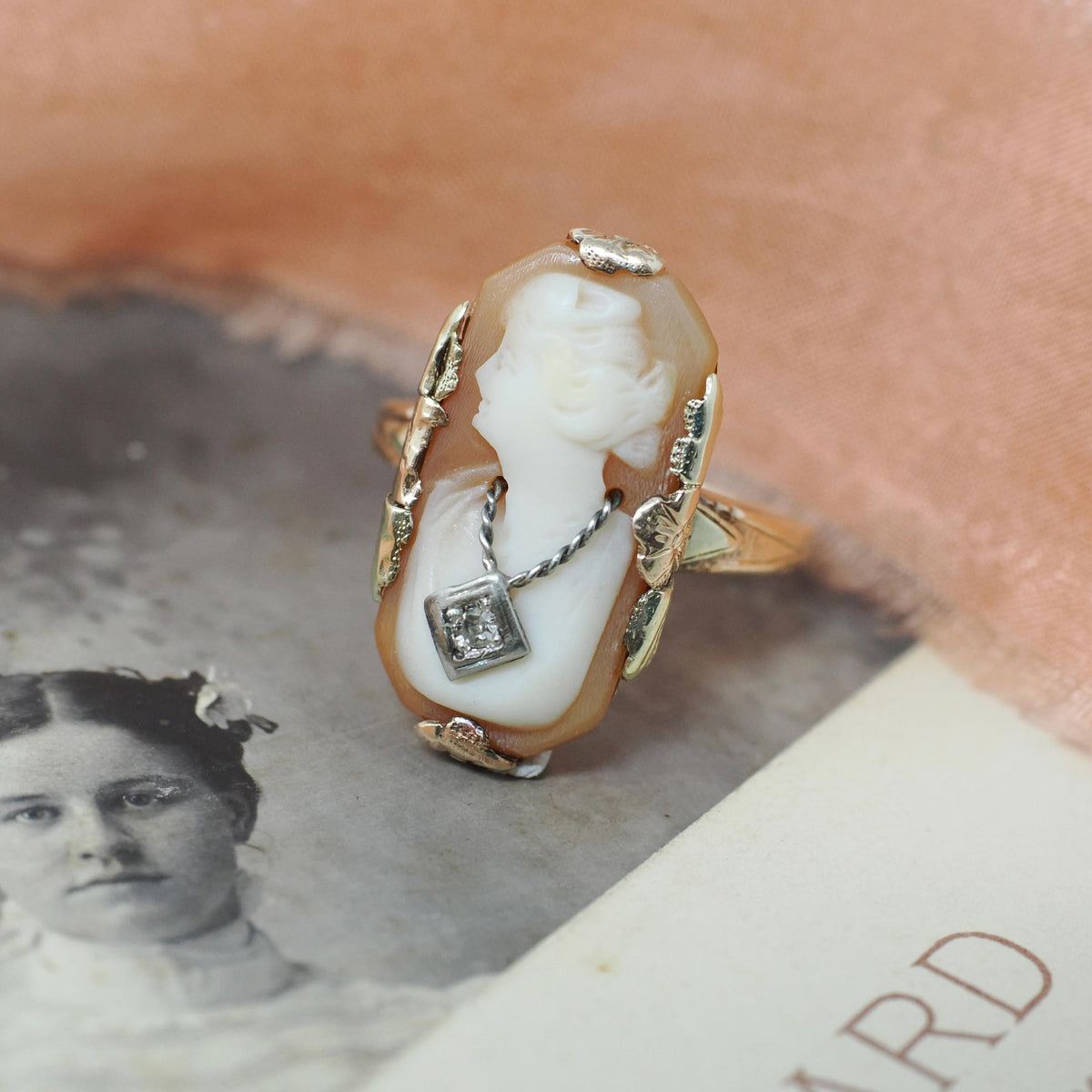 Vintage Cameo Ring - Art Deco 10k Yellow & Rose Gold Carved Shell Woman's Profile - Circa 1940s Era Size 3 3/4 Diamond Habillé Fine Jewelry