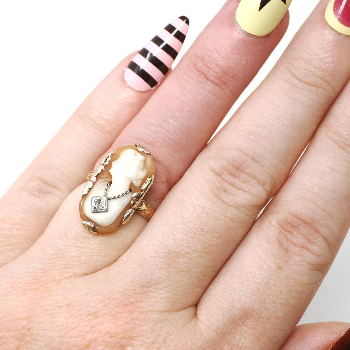 Vintage Cameo Ring - Art Deco 10k Yellow & Rose Gold Carved Shell Woman's Profile - Circa 1940s Era Size 3 3/4 Diamond Habillé Fine Jewelry