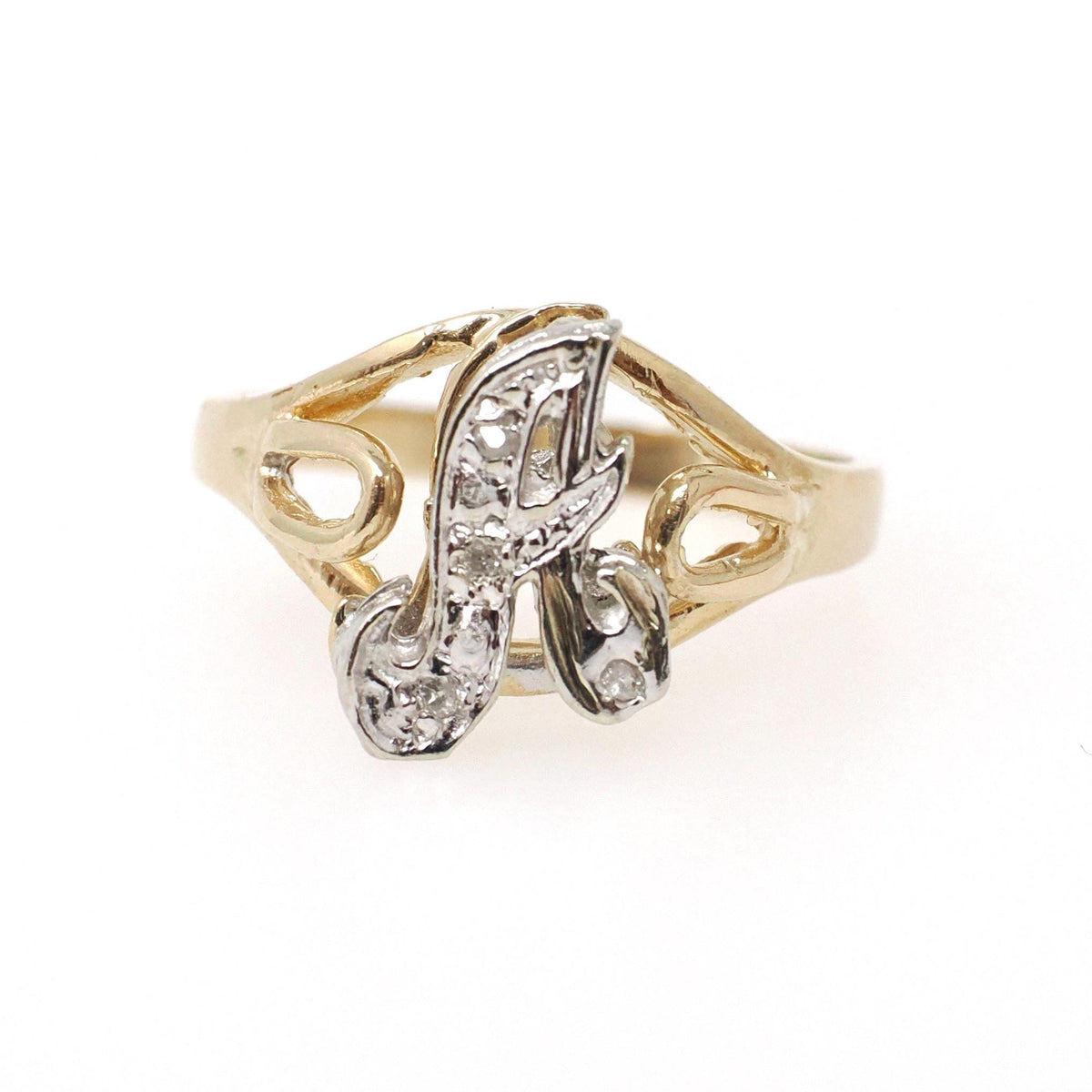 Letter "A" Ring - Contemporary 14k Yellow & White Gold Initial Monogram Diamonds - Circa 1990s Era Size 4 3/4 Statement Fine Estate Jewelry