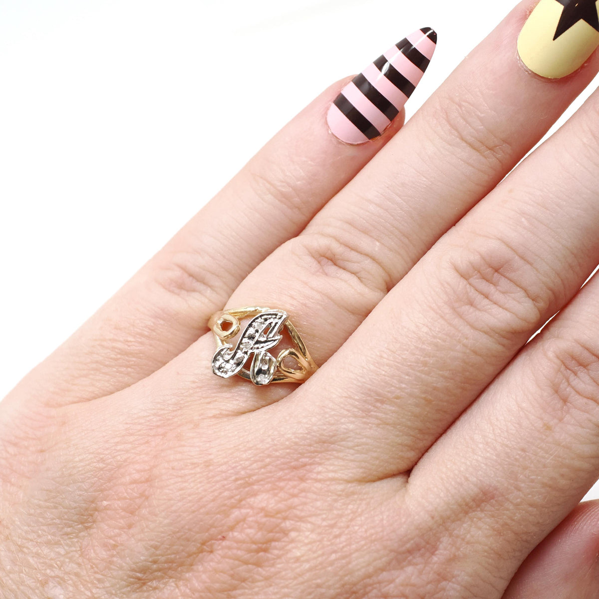 Letter "A" Ring - Contemporary 14k Yellow & White Gold Initial Monogram Diamonds - Circa 1990s Era Size 4 3/4 Statement Fine Estate Jewelry