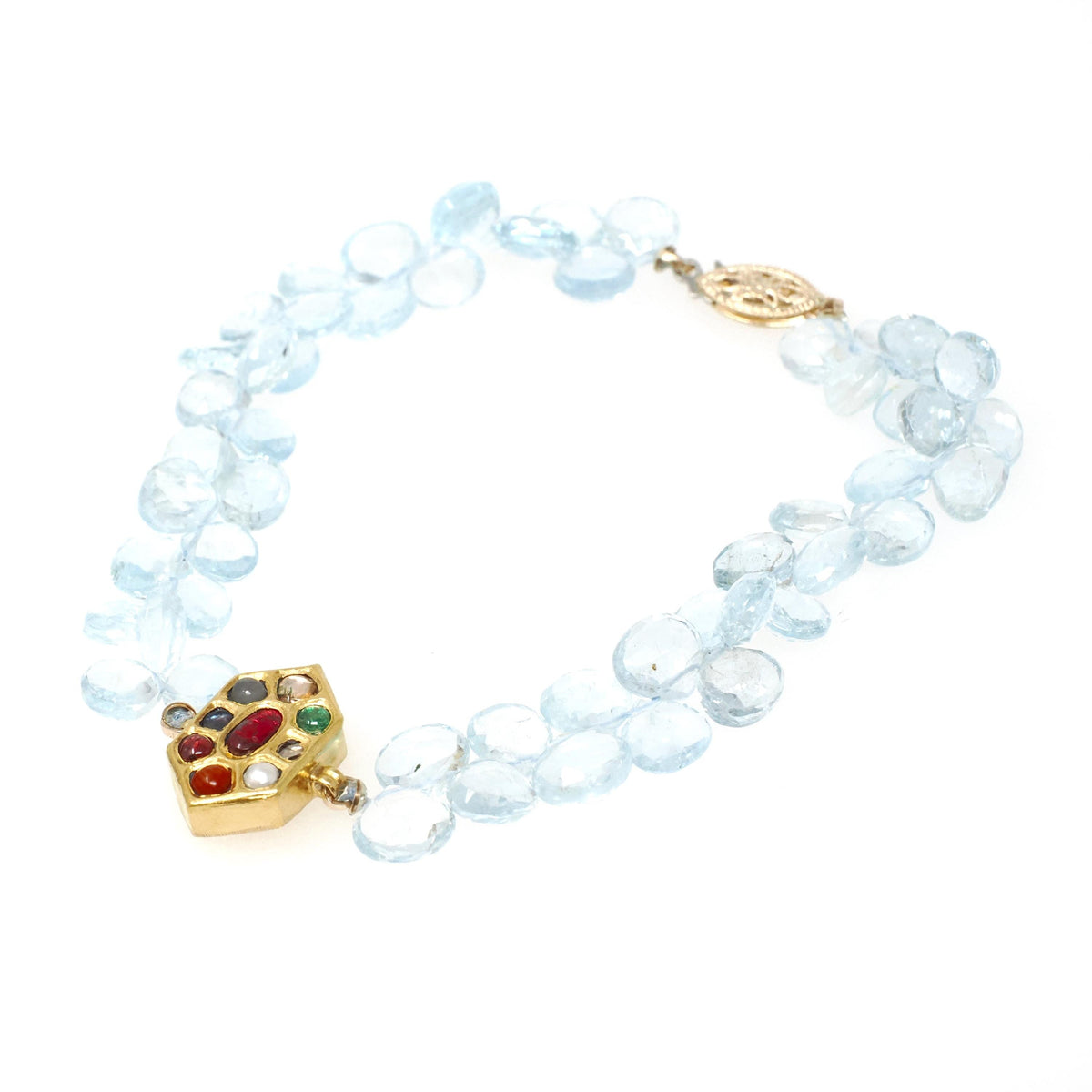 Multi Gemstone Bracelet - Contemporary 14k & 22k Yellow Gold Aquamarine Briolette Cut Gems - Circa 2000s Era 8 Inches Fine Statement Jewelry