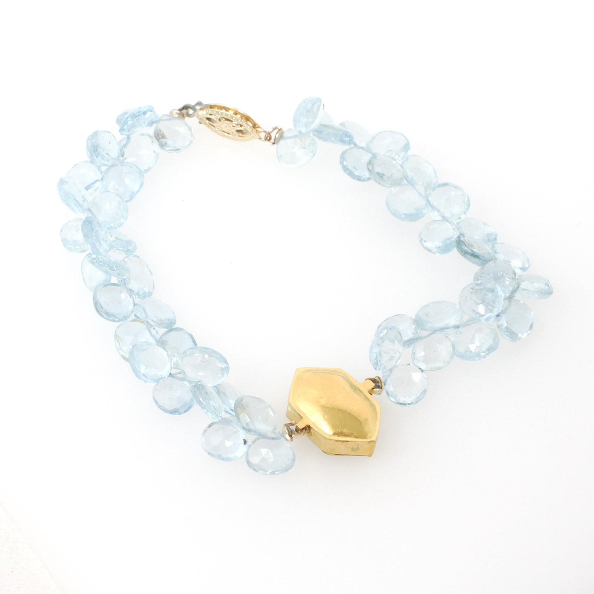 Multi Gemstone Bracelet - Contemporary 14k & 22k Yellow Gold Aquamarine Briolette Cut Gems - Circa 2000s Era 8 Inches Fine Statement Jewelry