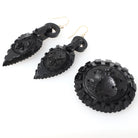 Victorian Jewelry Set - Antique 10k Yellow Gold Carved Jet Brooch & Earrings - Circa 1890s Era Carved Grape Leaf Cluster Fine Jewelry