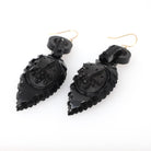 Victorian Jewelry Set - Antique 10k Yellow Gold Carved Jet Brooch & Earrings - Circa 1890s Era Carved Grape Leaf Cluster Fine Jewelry
