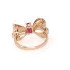 Vintage Bow Ring - Retro Era 14k Rose Gold Created Red Ruby Gemstone Trio - Circa 1940s Era Size 6 Ribbon July Birthstone Fine Jewelry