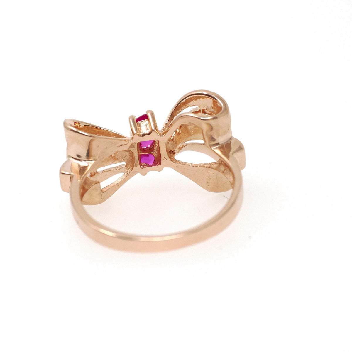 Vintage Bow Ring - Retro Era 14k Rose Gold Created Red Ruby Gemstone Trio - Circa 1940s Era Size 6 Ribbon July Birthstone Fine Jewelry