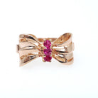 Vintage Bow Ring - Retro Era 14k Rose Gold Created Red Ruby Gemstone Trio - Circa 1940s Era Size 6 Ribbon July Birthstone Fine Jewelry