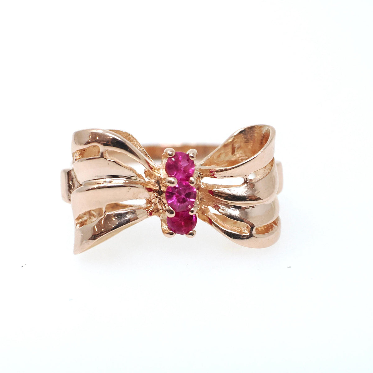 Vintage Bow Ring - Retro Era 14k Rose Gold Created Red Ruby Gemstone Trio - Circa 1940s Era Size 6 Ribbon July Birthstone Fine Jewelry